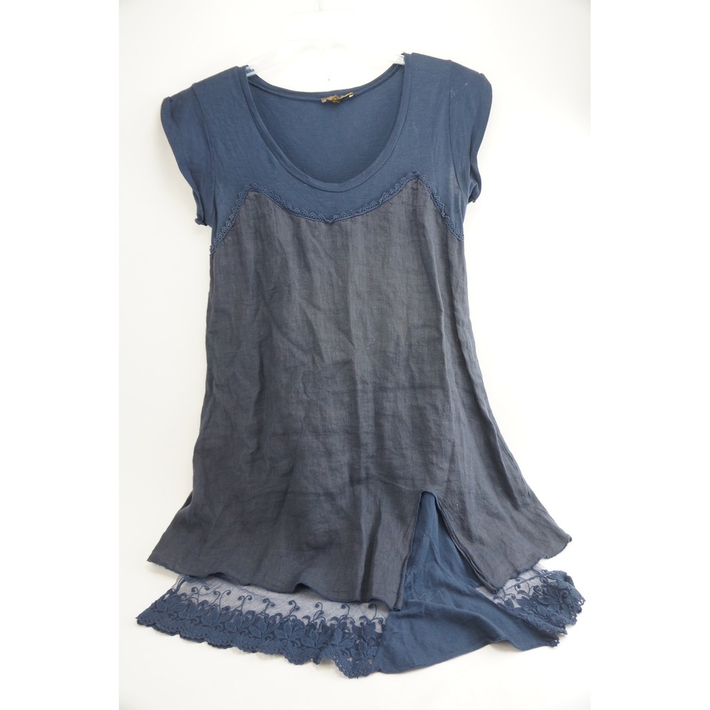 Piazza Roma Tunic Top Womens Small Blue Linen Cotton Lace Made‎ in Italy Good
